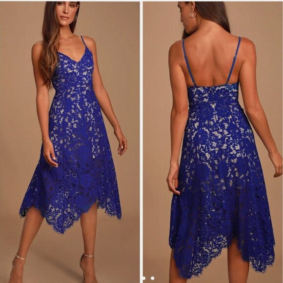 NWT Lulu's One Wish Lace Midi Dress - Royal Blue - Size S - Picture 1 of 10